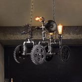 Vintage Silver Chandelier Light Fixture - Industrial Metal Gear Pendant Lamp with Robot Accent - Are you looking for a unique ceiling light that is both functional and eye-catching? Then look no further than this Antique Silver 3 Lights Chandelier